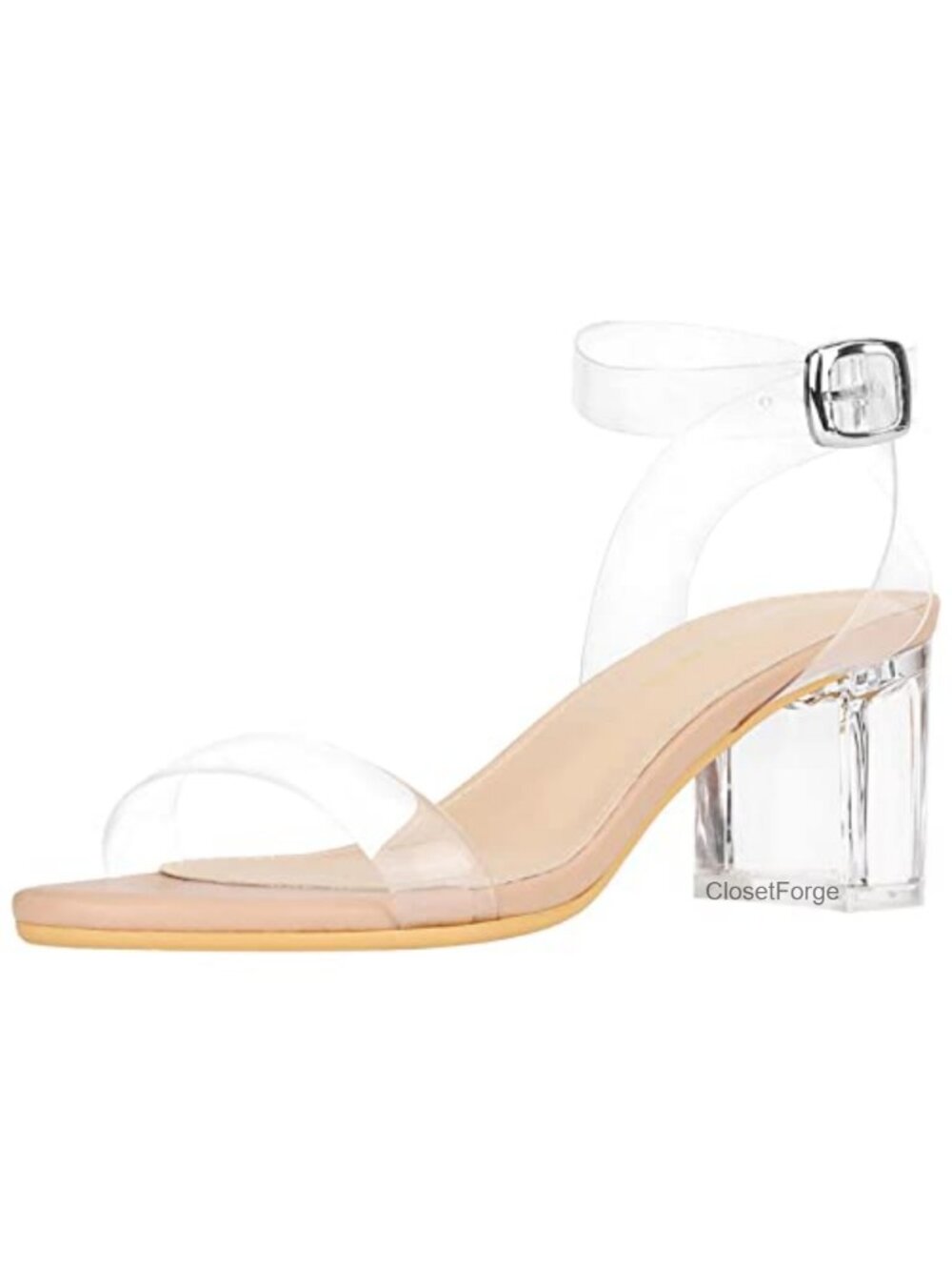Clear Strappy Block Heel Sandals 2 Inch Open Toe Ankle Strap Buckle Dress